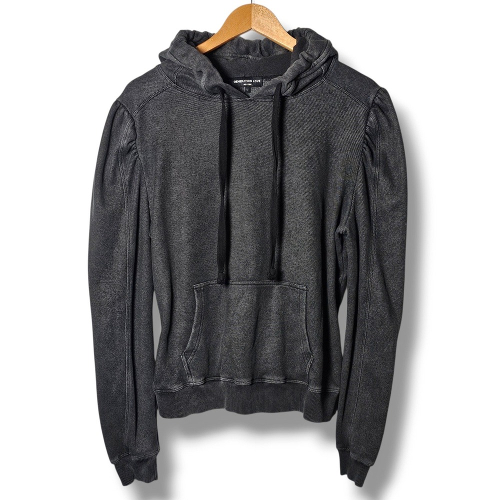 Generation Love Hoodie L Women Gray Acid Wash Puff Shoulder Loungewear Edgy Fall